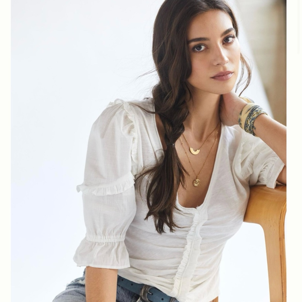 NEW WITH TAGS‎ Anthropologie White Cotton Short Sleeve Ruched Ruffle Top Size XS